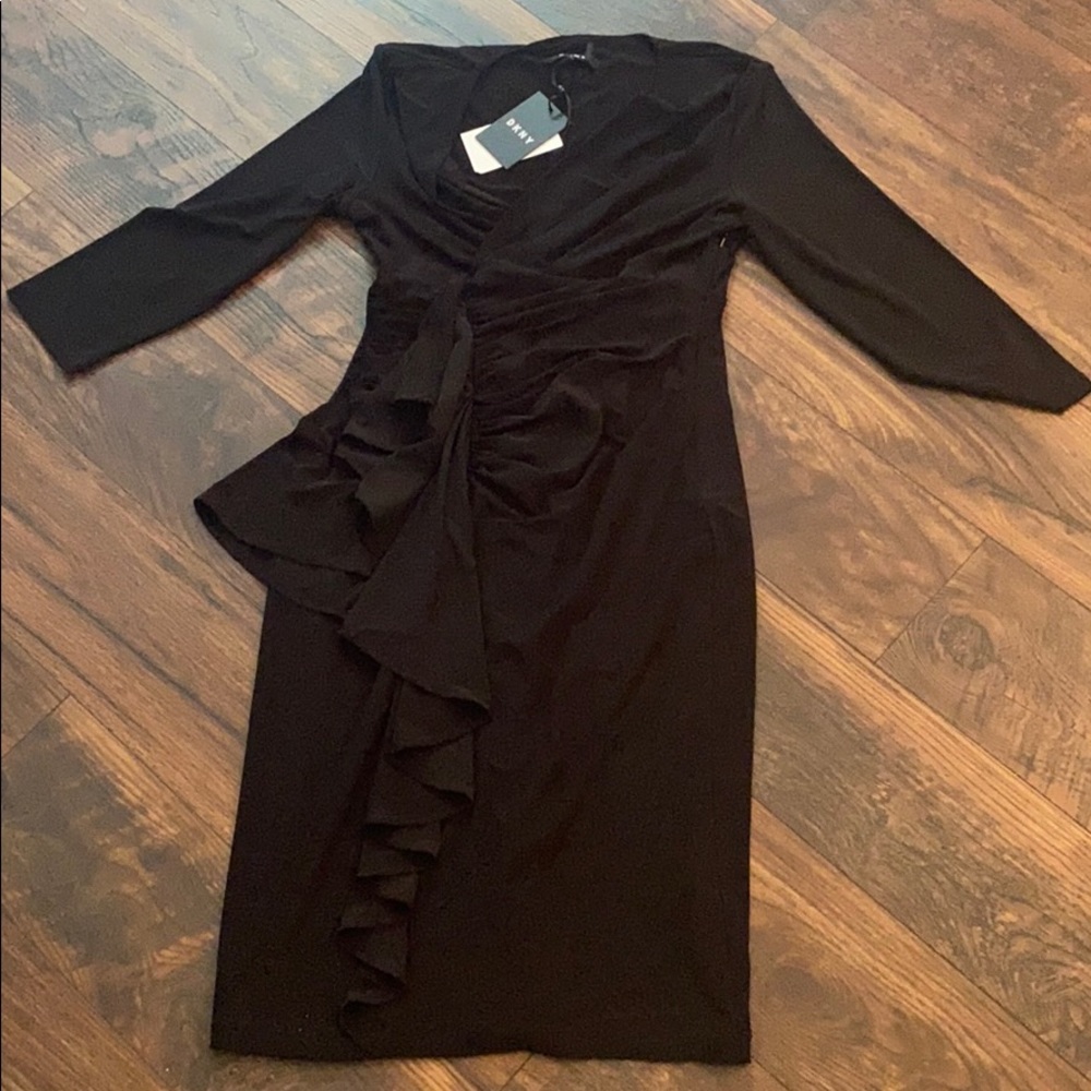 DKNY NWT little black dress ruffle front